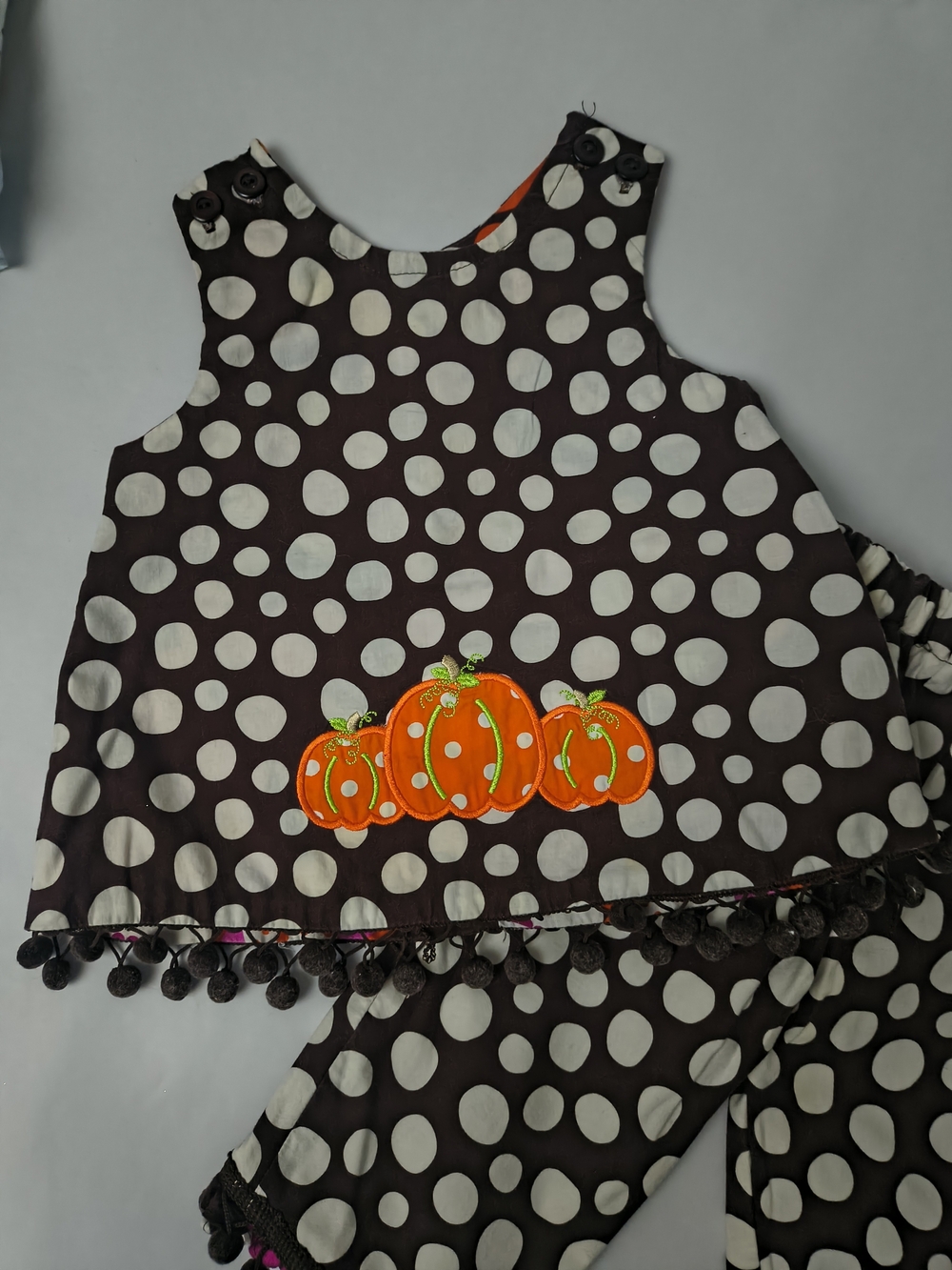 Girls Polka Dot Pumpkin Outfit - Brown & White with Orange